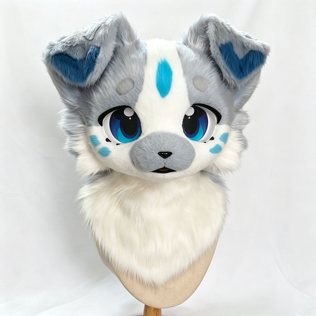 Blue Grey Border Collie Kemono Fursuit Head, Handmade Anime Furry Mask Cosplay Head สําหรับ Furry , 