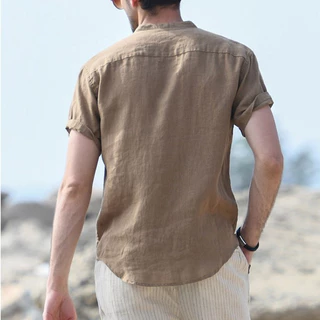 เสื้อเชิ้ตแขนสั้นคอฮีนลีย์ผู้ชาย สไตล์เกาหลี ระบายอากาศดีใส่สบายไม่ร้อน ทรงหลวมแฟชั่นซัมเมอร์ มีกระเป๋าหน้าอก
