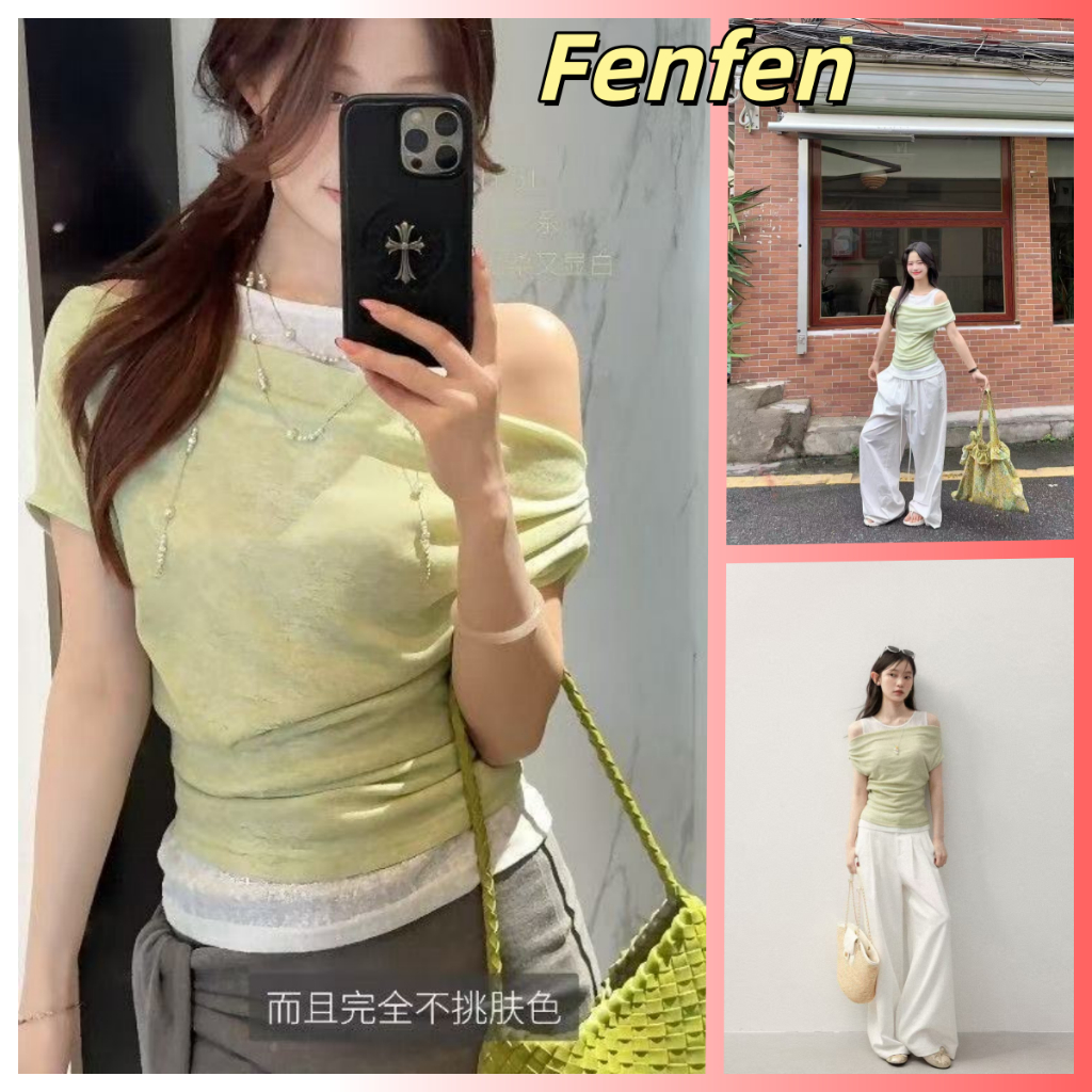 【จัดส่งจากประเทศไทย】เสื้อยืดแขนสั้นเวอร์ชั่นเกาหลีสไตล์ใหม่ฤดูร้อนของแท้ไหล่ปลอมสองชิ้นไหล่เดียวไม่ชนกันปิดไหล่