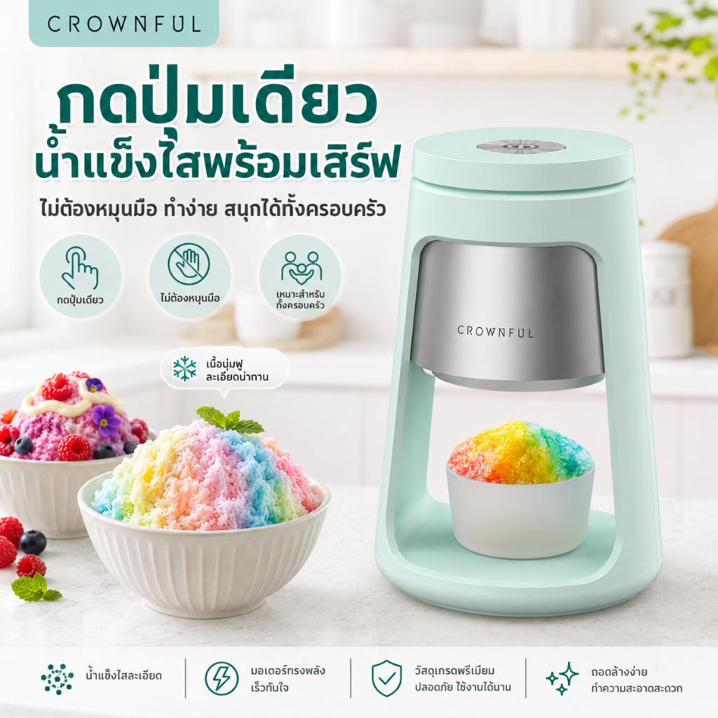 เครื่องทำน้ำแข็งใสไฟฟ้า CROWNFUL กดปุ่มเดียว ไม่ต้องหมุนมือ เครื่องไสน้ำแข็ง ทำบิงซู น้ำแข็งไส เหมาะสำหรับครอบครัว แถมถ้วย 2 ใบ