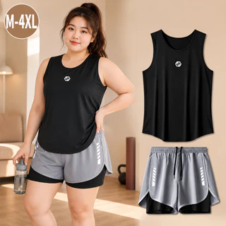 เสื้อกั๊ก+ชุดกีฬากางเกงขาสั้นซับในคู่, สาวพลัสไซส์อ้วนเล็กน้อย ม-4เอ็กแอล, ชุดออกกําลังกายวิ่งโยคะ, ระบายอากาศได้แห้งเร็ว