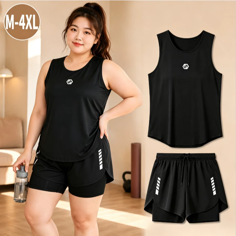 เสื้อกั๊ก+ชุดกีฬากางเกงขาสั้นซับในคู่, สาวพลัสไซส์อ้วนเล็กน้อย ม-4เอ็กแอล, ชุดออกกําลังกายวิ่งโยคะ, ระบายอากาศได้แห้งเร็ว