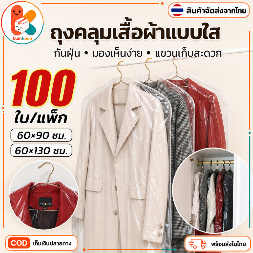 ถุงคลุมเสื้อกันฝุ่นแบบใส PE ใช้แล้วทิ้ง 100 ใบ/แพ็ค 60x90/60x130cm ถุงคลุมเสื้อผ้า แขวนในตู้เสื้อผ้า ส่งจากไทย COD