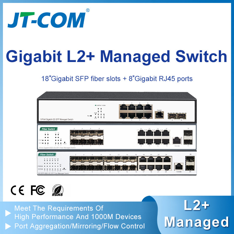JT-COM สวิตช์ไฟเบอร์ออปติกที่จัดการกิกะบิตเต็ม (พอร์ตออปติก 2/10/18 + 8 พอร์ต RJ45) สวิตช์การรวมตัว 