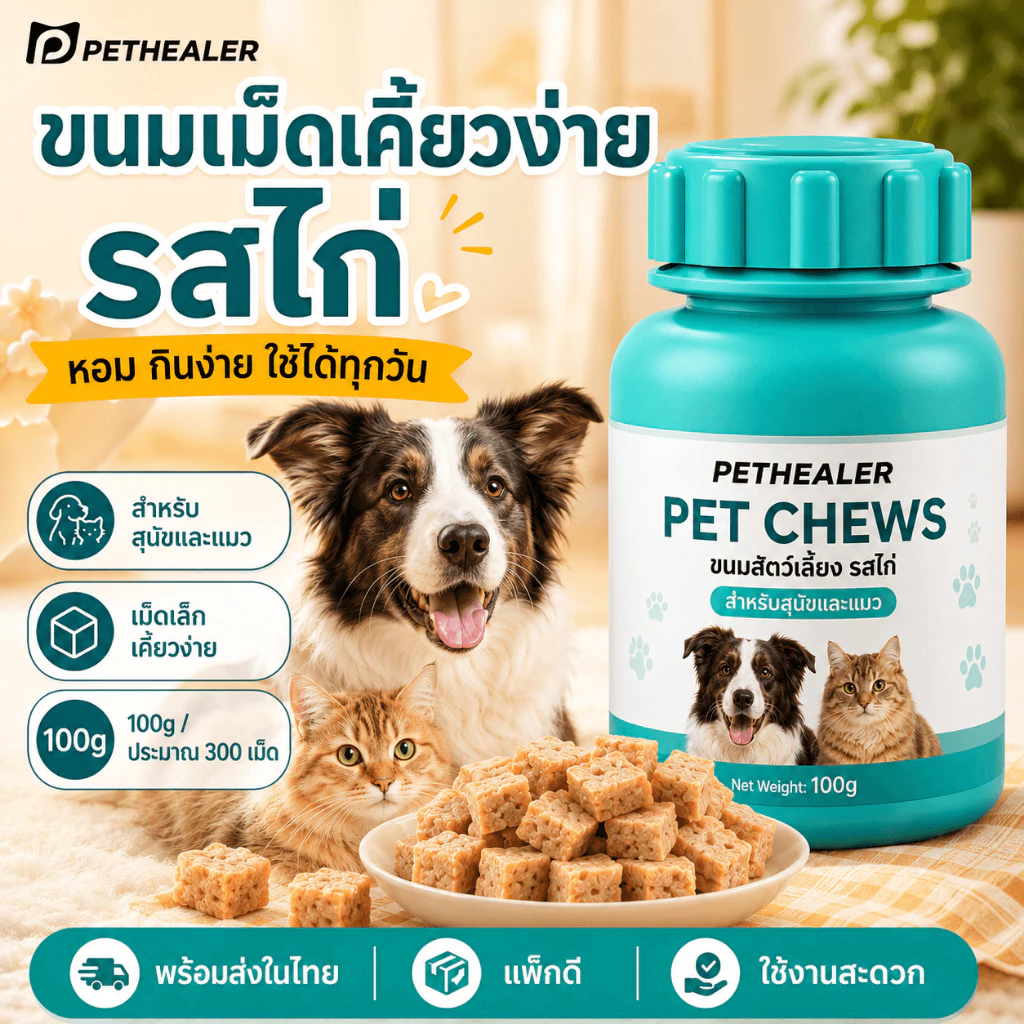 PETHEALER ขนมสัตว์เลี้ยง รสไก่ แบบเม็ดเคี้ยวง่าย สำหรับสุนัขและแมว 100g กินง่าย ใช้ได้ทุกวัน พร้อมส่งในไทย