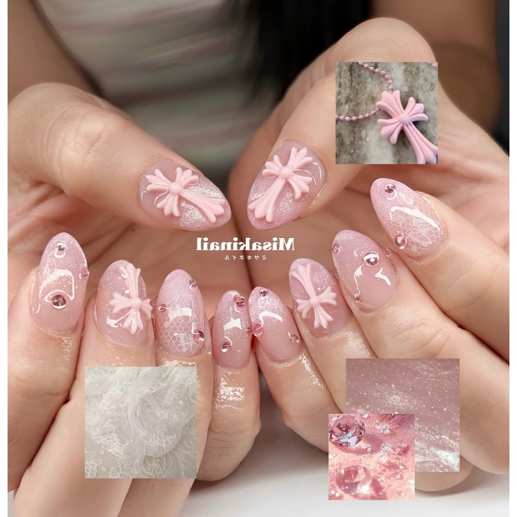 Y2k Pink Fine Flash Cats Eye Lace Wearing Nails Pink Diamond Crow Heart Cross Nails Patch