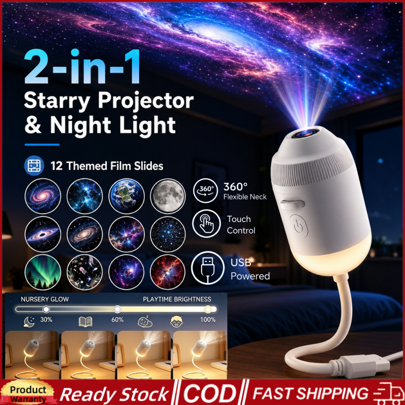 🚀จัดส่งภายใน 12H🚀2IN1 Galaxy Star โปรเจคเตอร์ไฟกลางคืน 3/6/12 สไลด์ USB Mini 360° ปรับเต็มไปด้วยดวงดาวบนท้องฟ้าโคมไฟโดยรอบสําหรับห้องนอนเด็กเพดานผนังห้องบรรยากาศตกแต่งของขวัญ