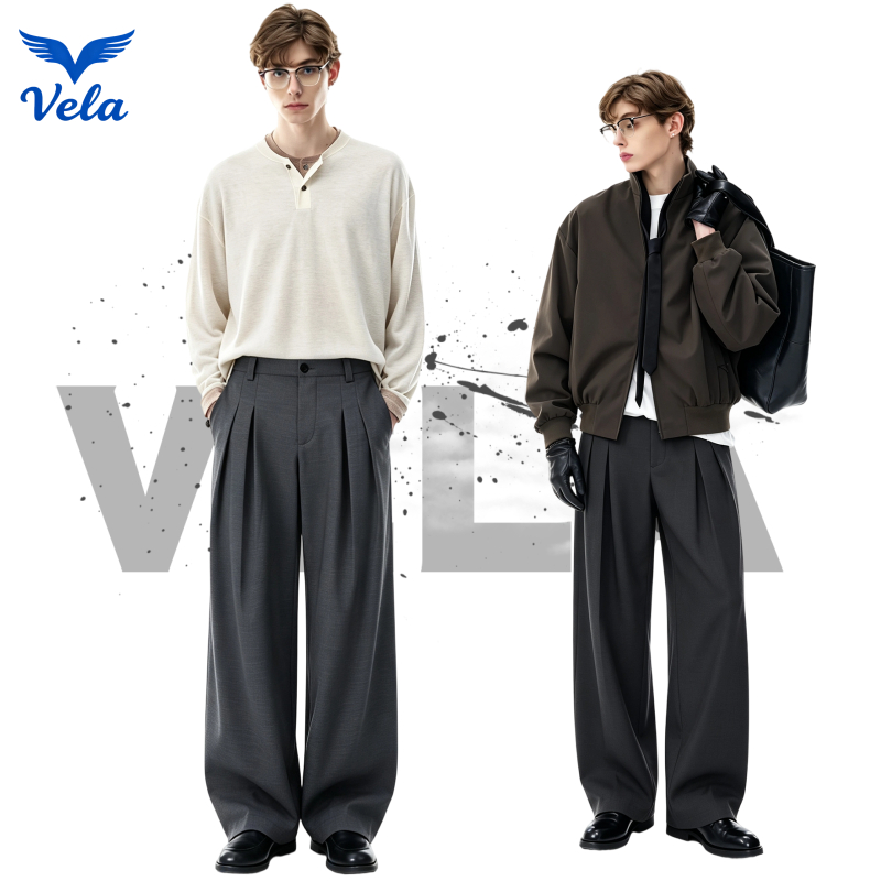 Vela กางเกงสูทผู้ชาย ทรงขากว้าง พับหน้าสองชั้น หลวม สีเทา สไตล์คลีนฟิต