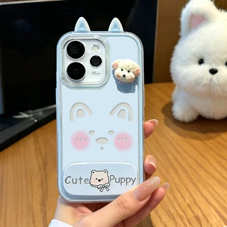 เคส OPPO Reno 13 14 15 16 14F 15F 16F 5G เคส OPPO Reno 14 15 16 Pro 5G Pro Max เคสน่ารักลายการ์ตูนน้องหมา กันกระแทก พร้อมกระจกและที่วางโทรศัพท์ เคสเจลกันกระแทก 2 in 1 แบบใส