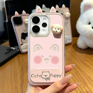 เคส OPPO Reno 13 14 15 16 14F 15F 16F 5G เคส OPPO Reno 14 15 16 Pro 5G Pro Max เคสน่ารักลายการ์ตูนน้องหมา กันกระแทก พร้อมกระจกและที่วางโทรศัพท์ เคสเจลกันกระแทก 2 in 1 แบบใส