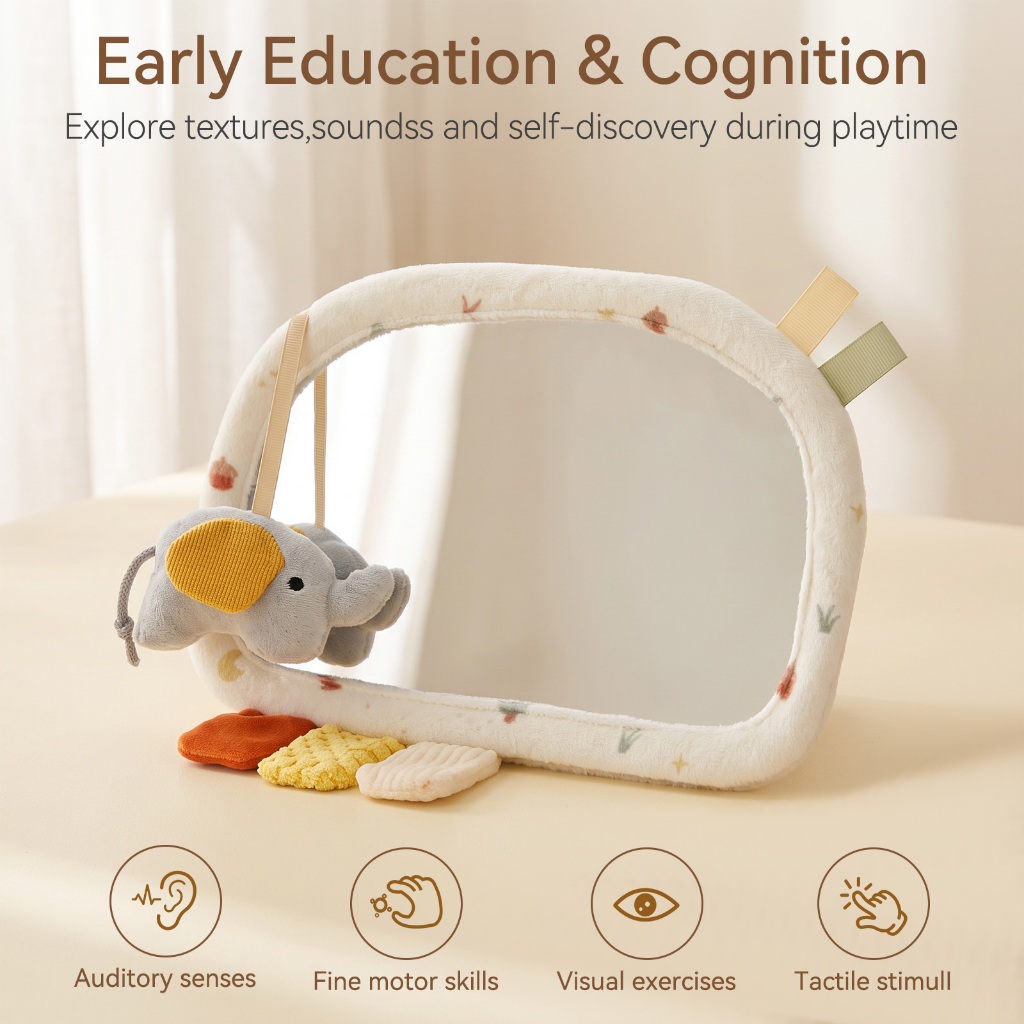 Baby Plush Elephant กระจกนิรภัยของเล่นขาตั้งปรับได้ Tummy Time Mirror with Crinkle Sensory Tags Self-Cognition Visual Training สําหรับทารกแรกเกิด 0-12 เดือน