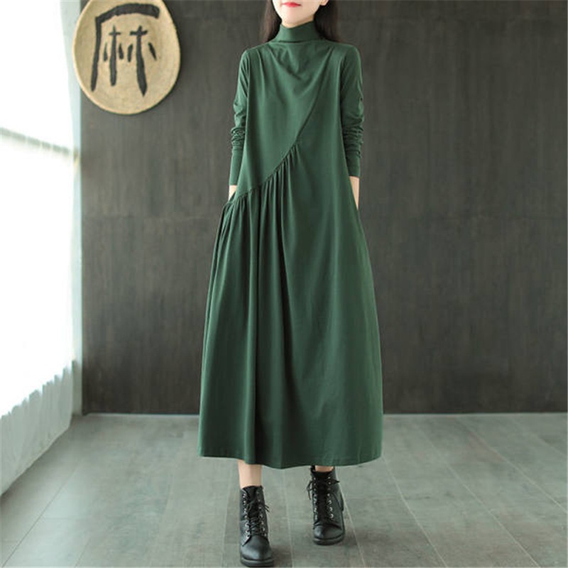 Vintage ผู้หญิงคอยาวแขนยาว A-Line หลวมสบายๆวันหยุด Sundress Party Maxi Dresses