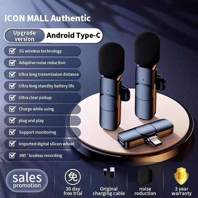 TYPE C TWO MIC K9 ไมโครโฟนไร้สายแบบหนีบสําหรับสตูดิโอ, เล่นเกม, PC Type-C, สตรีมมิ่งสดระดับมืออาชีพ