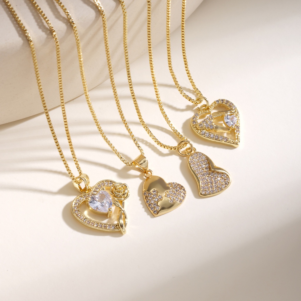 Multi สไตล์ Cubic Zirconia สร้อยคอจี้หัวใจกล่องทอง Rose Hand Gesture แผนที่รูปแบบ Love สร้อยคอผู้หญิ