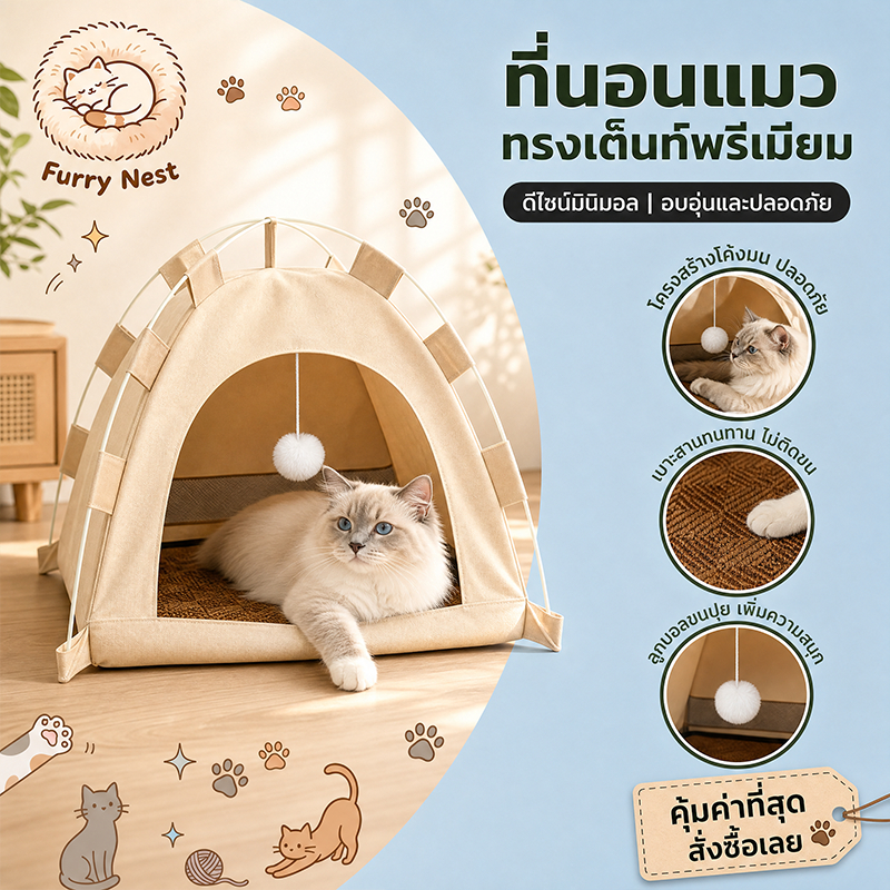 【Furry Nest】เต็นท์แมวเต็นท์เตียงสัตว์เลี้ยงแบบพกพาสากลสําหรับแมวสุนัขพับเสื่อจับคู่เหมาะสําหรับสัตว์เลี้ยงขนาดเล็กสี่ฤดูกาลสากล