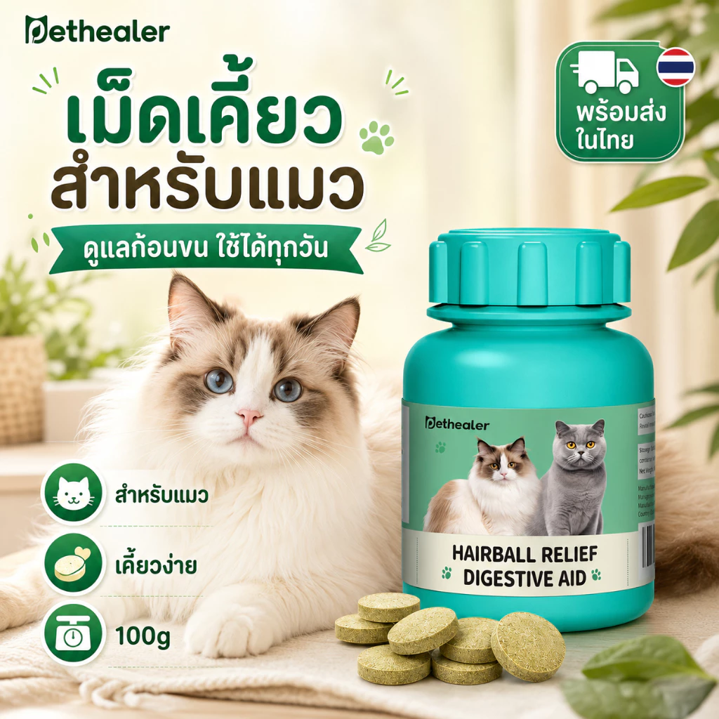 PETHEALER เม็ดเคี้ยวสำหรับแมว 100g เม็ดสีเขียว เคี้ยวง่าย ใช้ได้ทุกวัน สำหรับแมวเลี้ยงในบ้าน พร้อมส่งในไทย