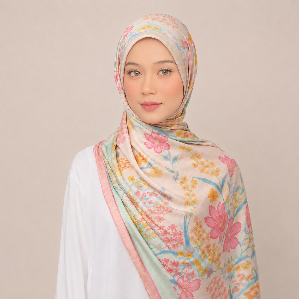 LMLAVEEN คราบผ้าไหมพิมพ์ผ้าคลุมไหล่ดอกไม้สีน้ําซาติน Tudung Hijab Soft Cool ผ้าพันคอ Musilm ผู้หญิง Headscarf
