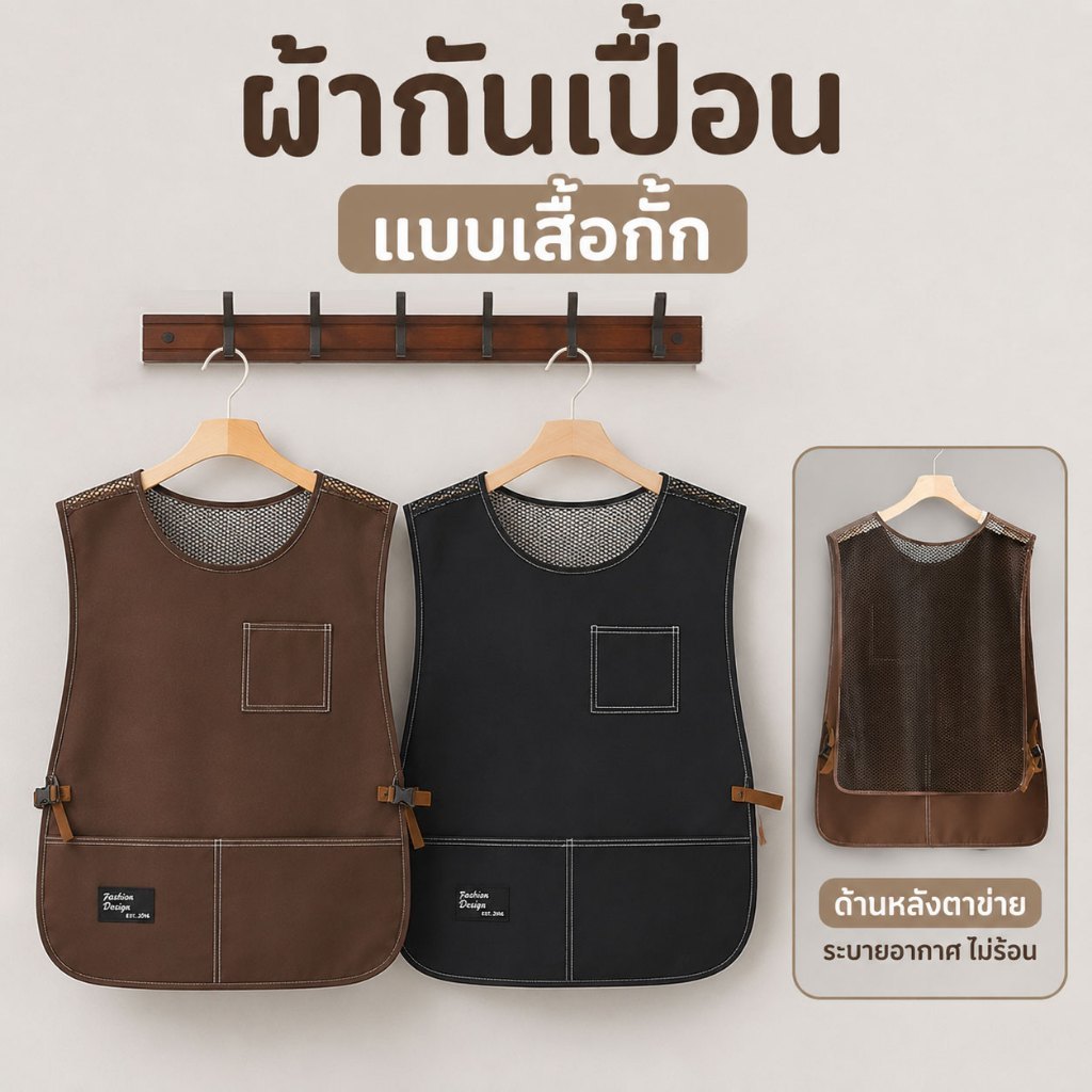 ผ้ากันเปื้อน สไตล์ญี่ปุ่น รุ่นเสื้อกั๊ก กันน้ำ กันคราบ ระบายอากาศดี ไม่ร้อน มีช่องกระเป๋า ร้านกาแฟ