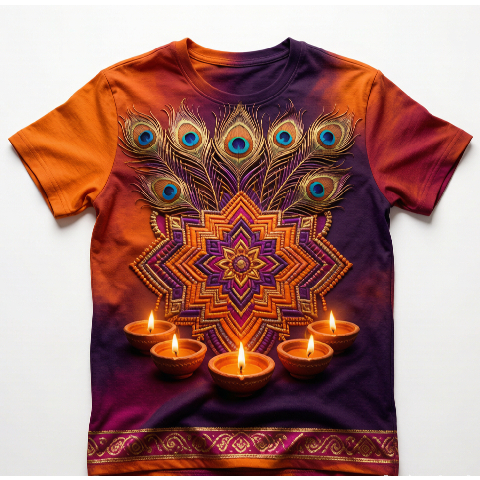 Diwali นกยูง Mandala พิมพ์ Tee, ลูกเรือคอปกติตัด, Vivid Gradient สีประณีต 3D พิมพ์, เทศกาลวันหยุดทุก