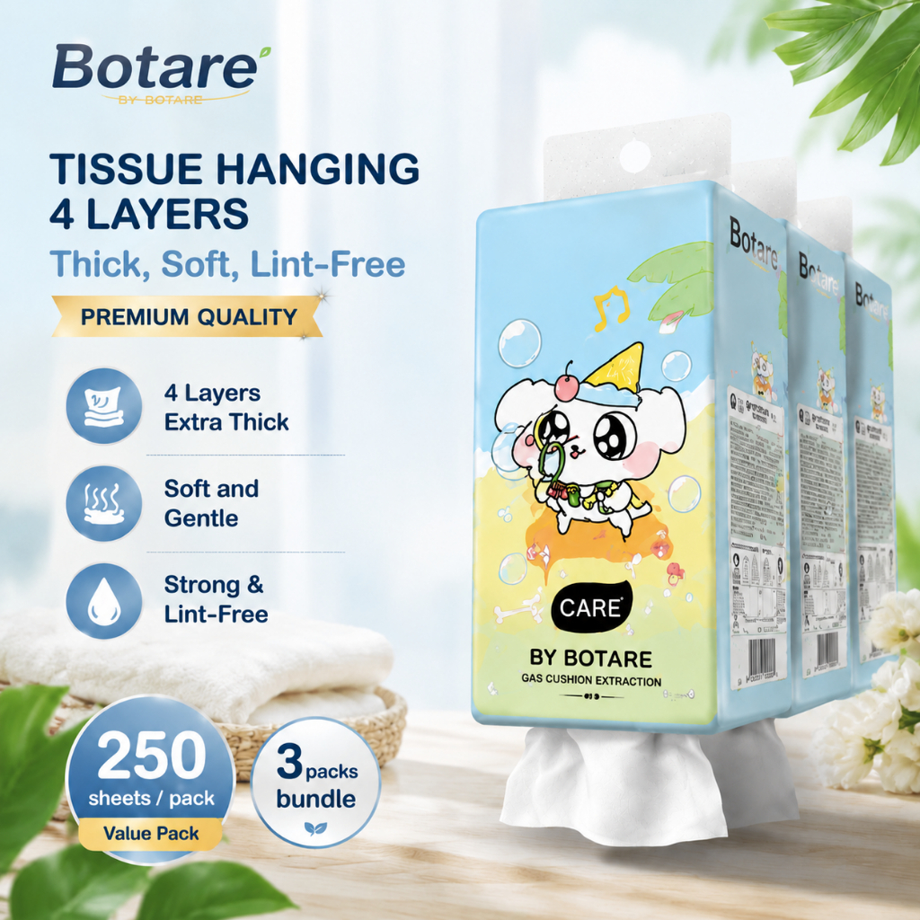 Botare ทิชชู่แขวนใยไม้ธรรมชาติ 4 ชั้น 250 แผ่น × 3 แพ็ค (รวม 1000 ชั้น) นุ่ม แข็งแรง ไม่ขาด ใช้ได้ทุกห้อง 130×175 มม.