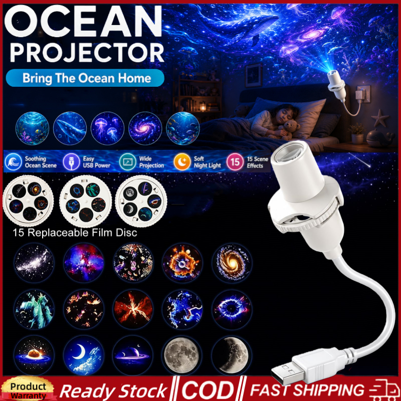 จัดส่งภายใน 12H โคมไฟโปรเจคเตอร์ Starry Sky ขนาดเล็ก USB Deep-Sea Ocean บรรยากาศไฟกลางคืน 15 รูปแบบ 360° Rotation Starry Sky LED Ambient Lamp ของขวัญสําหรับตกแต่งห้องเด็ก