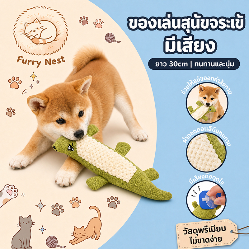【Furry Nest】30เซนติเมตรจระเข้ตุ๊กตาสุนัขเสียงผ้าลินินผ้าฟันกรามทําความสะอาดสัตว์เลี้ยงเคี้ยวของเล่น