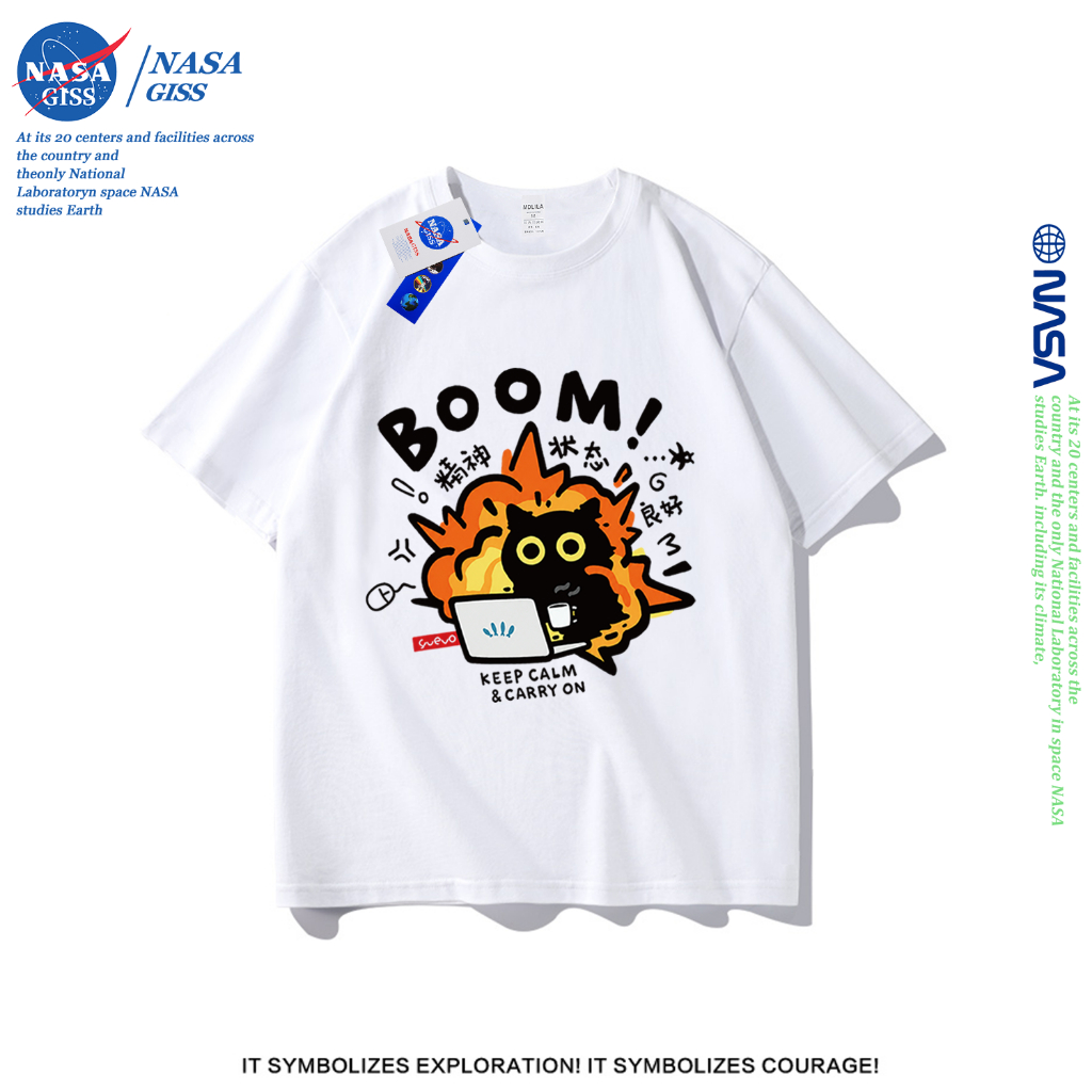 NASA เสื้อยืดชายหญิงแขนสั้น สไตล์ลำลอง summer แมวดำตัวน้อย พิมพ์ลาย t-shirt แบบหลวม คอกลม ยับยากไม่ต้องรีด