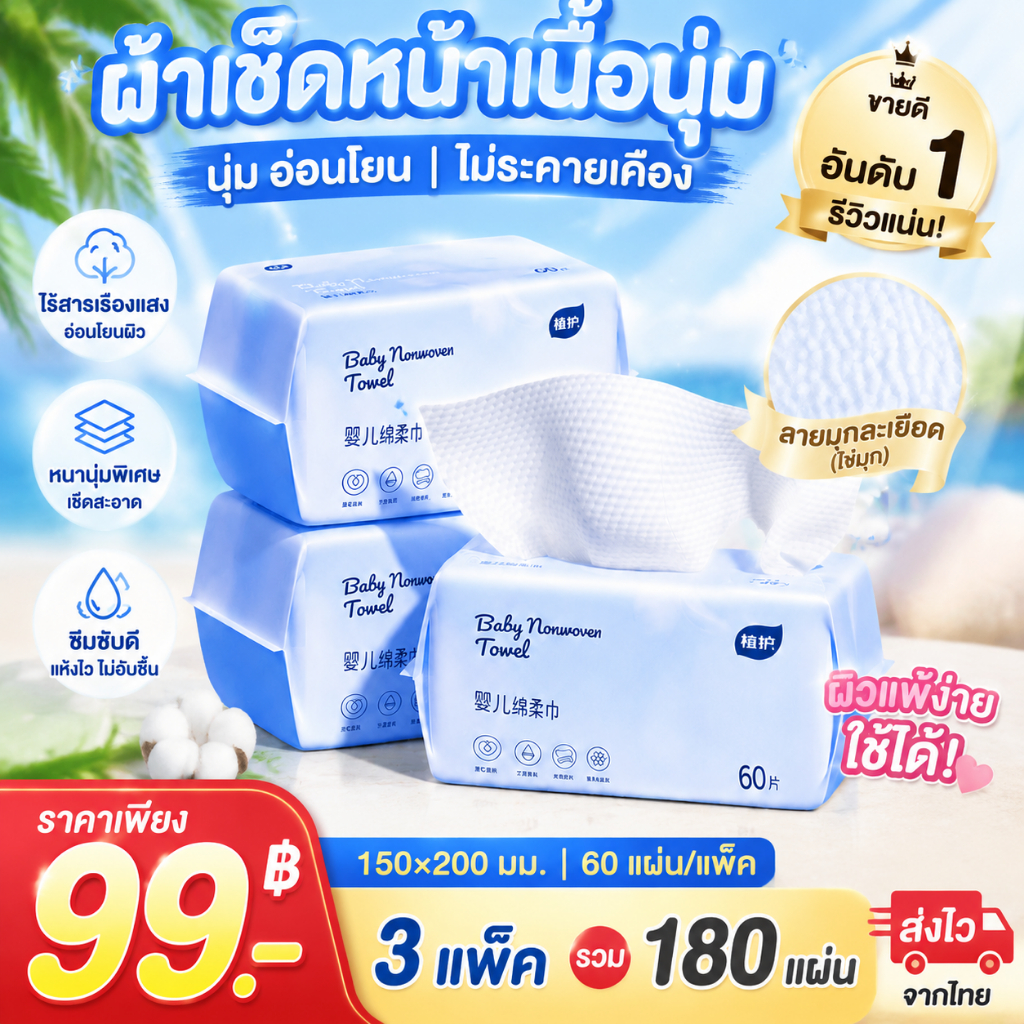 [ซื้อ 1 แถม 2] ผ้าขนหนูเช็ดหน้าแบบใช้แล้วทิ้งหนาพิเศษ 60 แผ่นขนาดใหญ่แห้งเปียกใช้ผิวนุ่มเป็นมิตรกับ