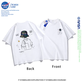 NASA เสื้อยืดชายหญิงแขนสั้น สไตล์ลำลอง summer ลายผู้ชายหันหลังใส่หมวก พิมพ์ลาย t-shirt แบบหลวม คอกลม ยับยากไม่ต้องรีด