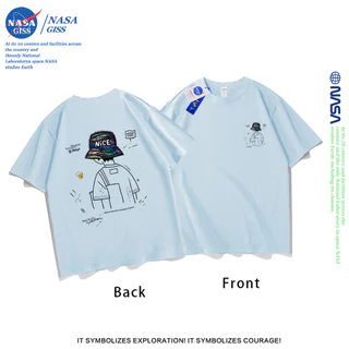 NASA เสื้อยืดชายหญิงแขนสั้น สไตล์ลำลอง summer ลายผู้ชายหันหลังใส่หมวก พิมพ์ลาย t-shirt แบบหลวม คอกลม ยับยากไม่ต้องรีด