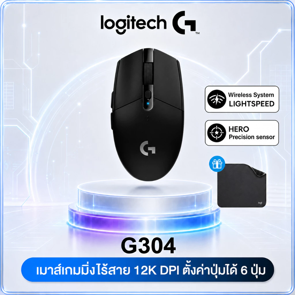 Logitech G304 LIGHTSPEED™ Wireless Gaming Mouse 12,000 DPI, 6 Makro Keys - Black ( เมาส์เกมมิ่ง ไร้สาย)