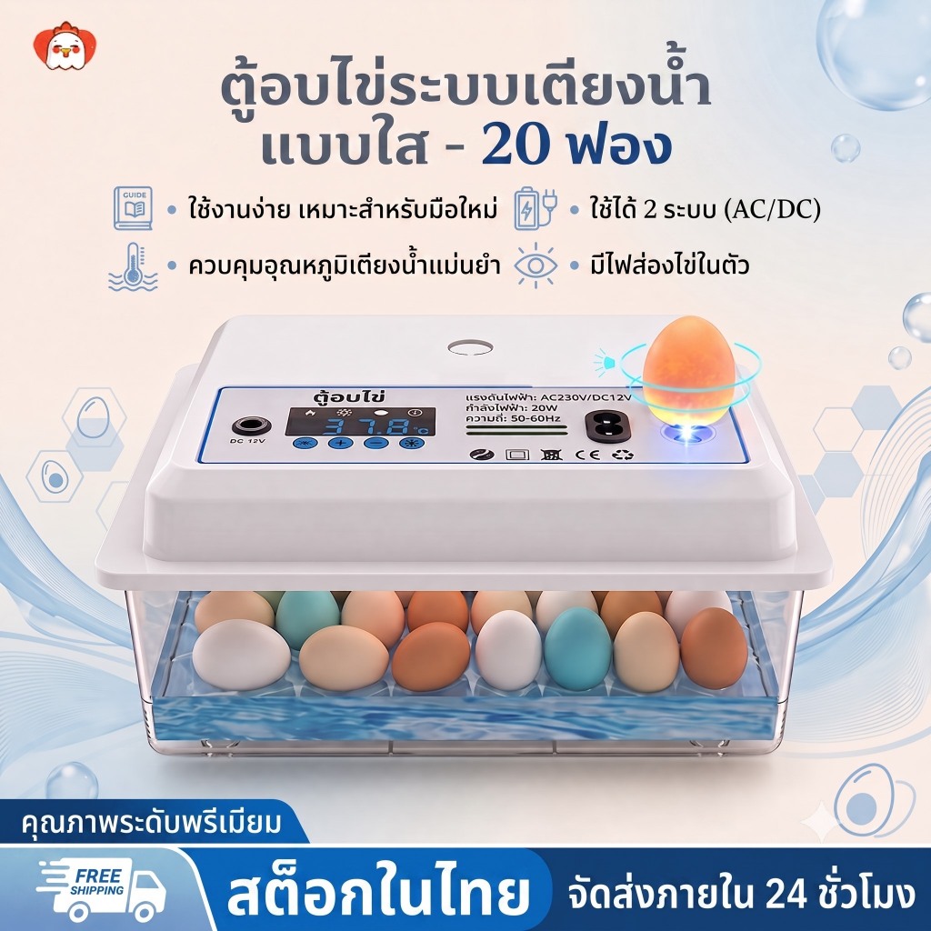 [ส่งจากไทย] ตู้อบไข่ 20 ฟอง แบบเตียงน้ำ ตู้อบไข่อัตโนมัติ ควบคุมอุณหภูมิ มีไฟส่องไข่ในตัว สำหรับไก่/เป็ด/ห่าน ประกัน 1 เดือน