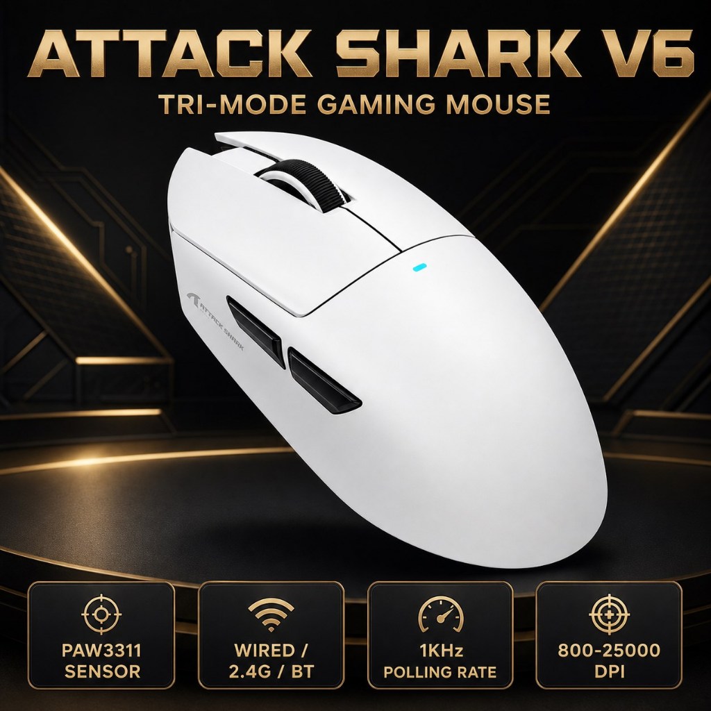 Attack Shark V6 Ultra High DPI Tri-Mode Gaming Mouse 25000DPI PAW3311 Optical Sensor 40G Acceleratio