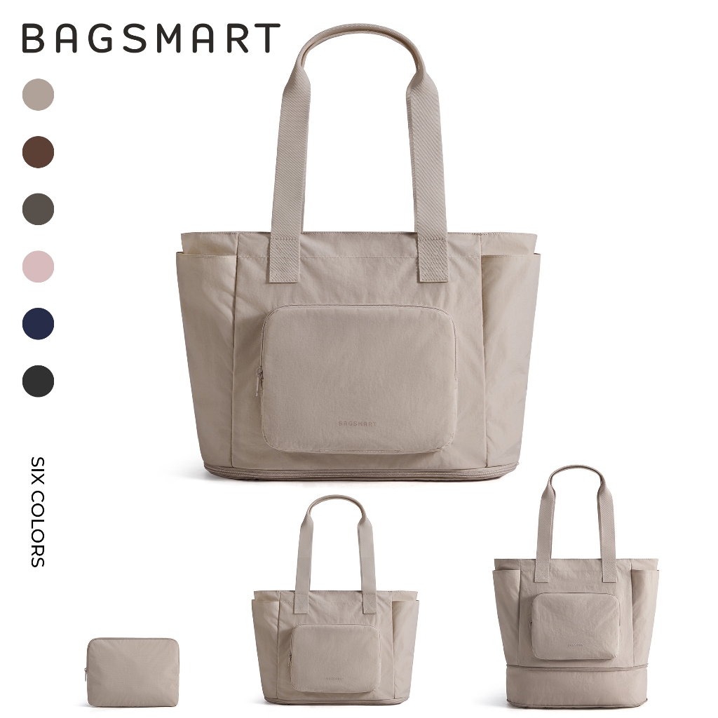 BAGSMART Tote Bag มีซิป พับเก็บได้ ขยายได้ 20L-33L ใส่โน้ตบุ๊ก 15.6 นิ้ว น้ำหนักเบา Travel Bag กันละอองน้ำ สำหรับเดินทาง