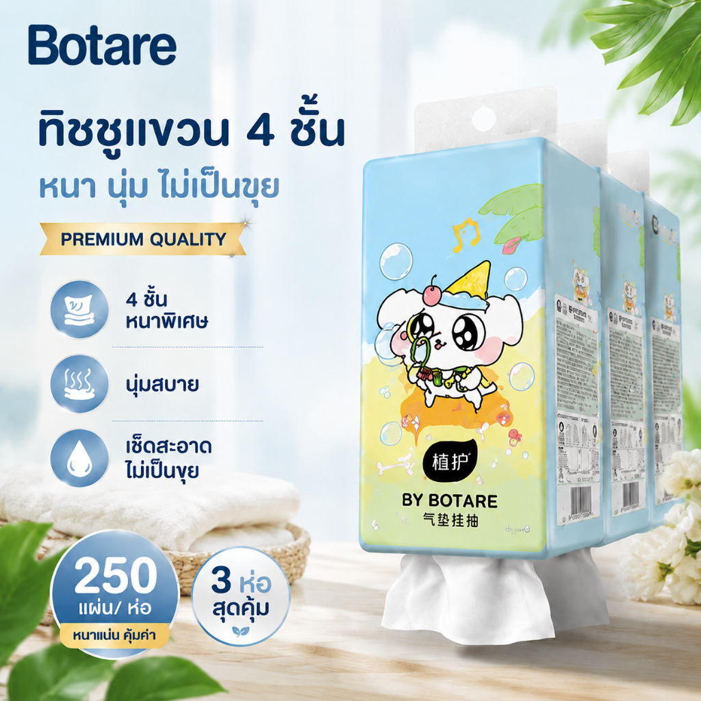 【3 แพ็ค】Botare ทิชชู่แขวน ใยไม้ธรรมชาติ แขวนได้ทุกห้อง (บ้าน/ห้องน้ำ/ครัว) นุ่ม แข็งแรง ไม่ขาด 4 ชั้น ขนาด 130×175 มม. 250 แผ่น (รวม 1000 ชั้น)