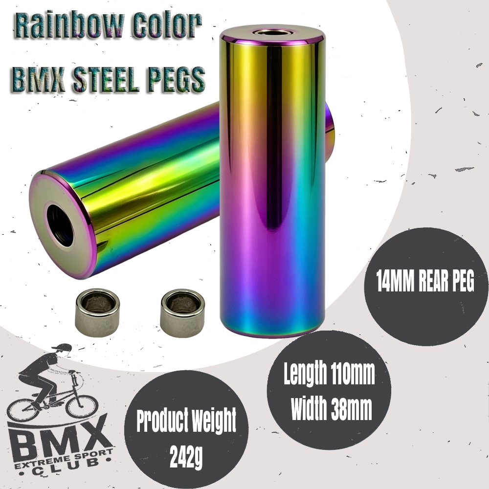 BMX Wheelie Peg Stunt BMX ที่วางเท้าจักรยานเหล็กสีรุ้งอุปกรณ์จักรยานสําหรับ BMX Flatland Freestyle