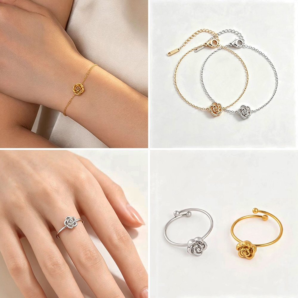 Luna Petite สร้อยข้อมือดอกกุหลาบสามมิติสแตนเลส, แหวนปรับได้กันน้ํา กันเหงื่อ Non-Fading สร้อยข้อมือแฟชั่นประณีตขา