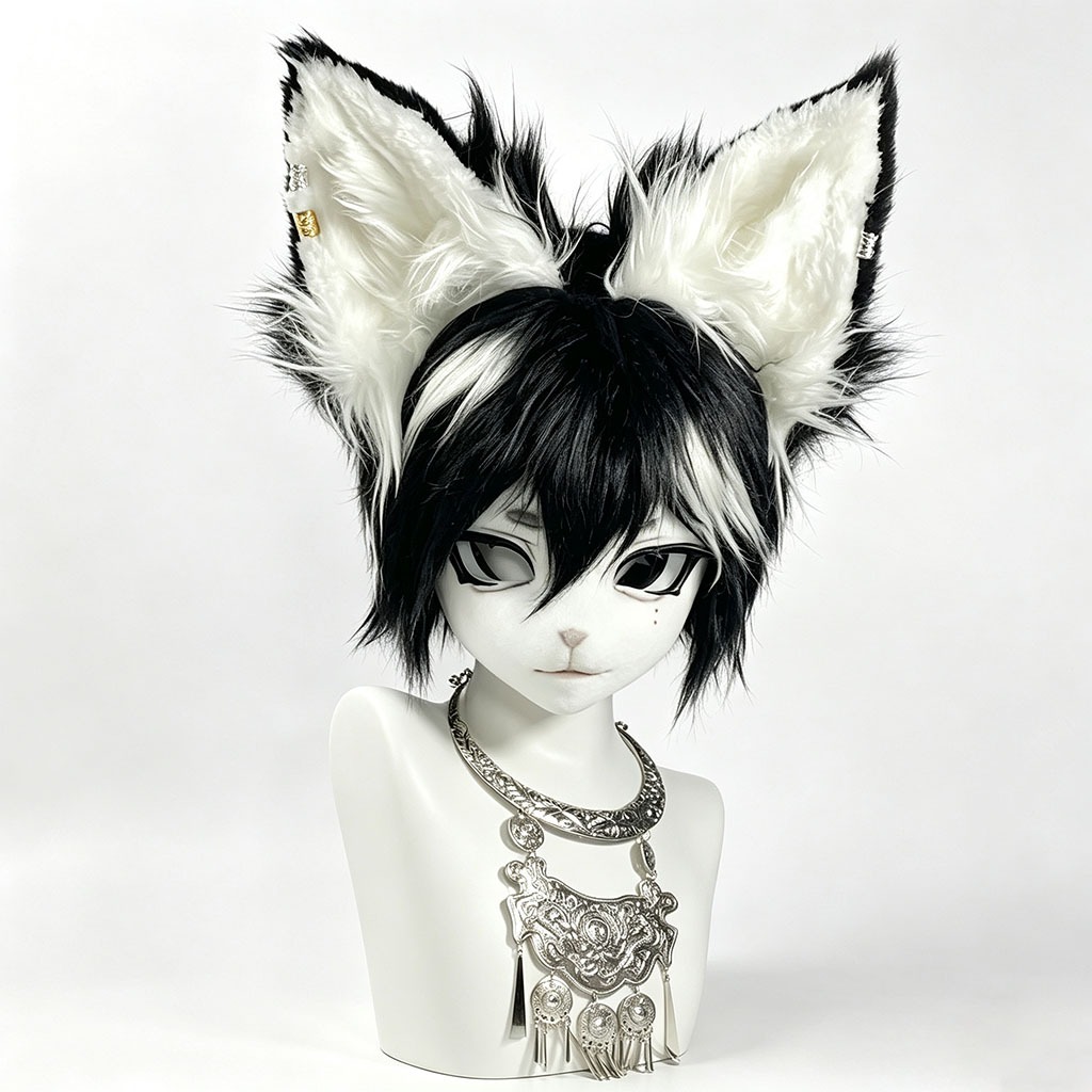 Custom สีดําสีขาว Kemono Fox Fursuit Head, Handmade Furry ชุดบางส่วน,สําหรับคอสเพลย์ฮาโลวีน Conventi