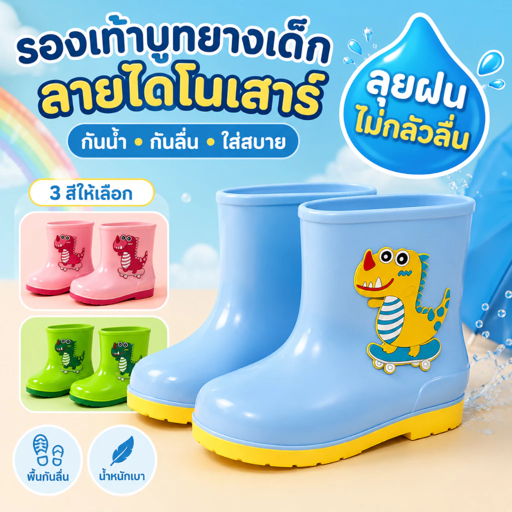 รองเท้าบูทเด็ก กันลื่น สำหรับชายและหญิง รองเท้ากันฝนเด็ก ลายไดโนเสาร์ กันน้ำ นิ่ม สบาย