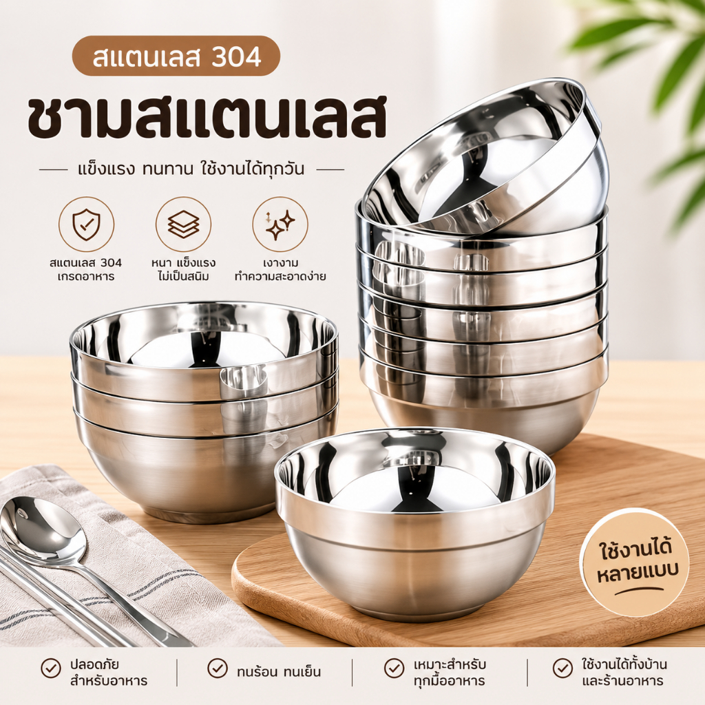 ส่งจากไทย ถ้วยสแตนเลส ชามสแตนเลสสองชั้นสไตล์เกาหลี มีหลายขนาด ป้องกันน้ำร้อนลวกสองชั้น 12/13/15cm