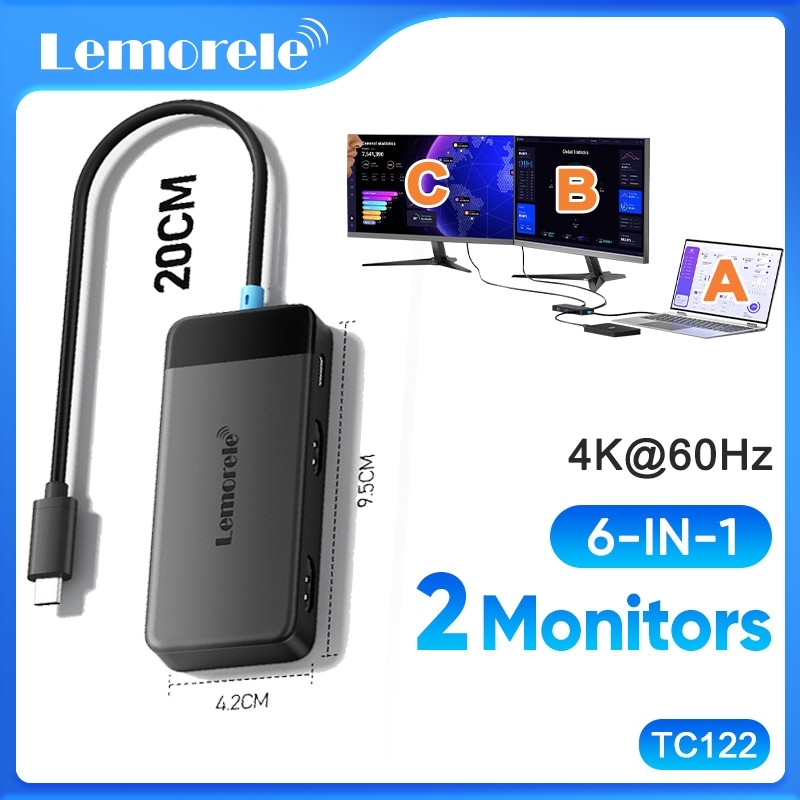 Lemorele TC122 6in1 USB C Docking Station HUB Adapter Ultra HD 4K Qutput Plug and Play - เข้ากันได้ก