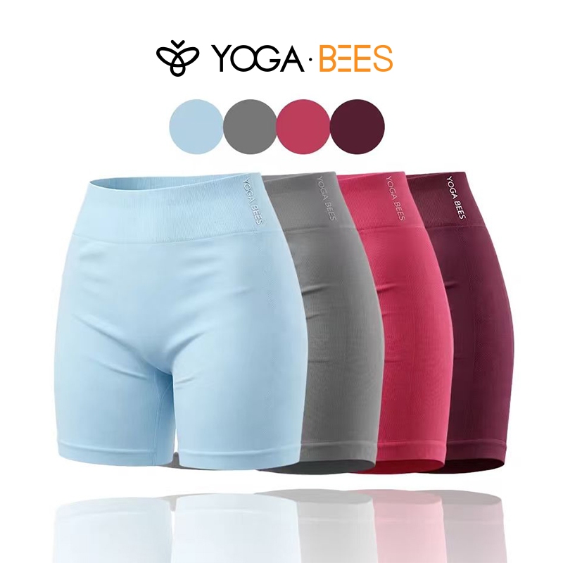 โยคะ BEES กางเกงขาสั้นโยคะเอวสูงไร้รอยต่อสําหรับผู้หญิง,ยืดRibbed Tummy-Control Anti-Chafing 4 นิ้ว Biker Shorts,Breathable Gym และเลกกิ้งวิ่ง,มีให้เลือก 4 สี