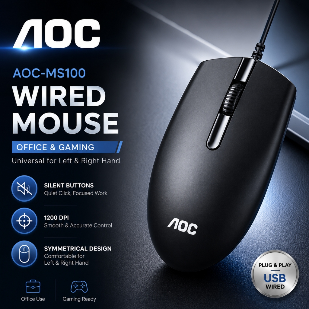AOC MS100 เมาส์คอมพิวเตอร์ USB แบบมีสาย 3 ปุ่มเมาส์สํานักงาน, 1200DPI Symmetric Ergonomic เมาส์แบบมีสายสําหรับแล็ปท็อปเดสก์ท็อป PC Windows Mac
