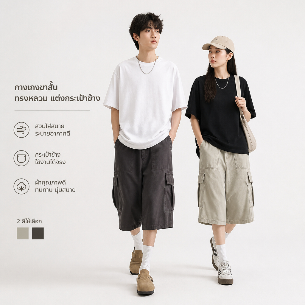 🌟Man & Jean🌟 กางเกงขาสั้นผู้ชาย สไตล์หลวมแฟชั่น สไตล์อเมริกัน ดีไซน์กระเป๋าต่อกัน กางเกงขาสามส่วนผู้ชาย