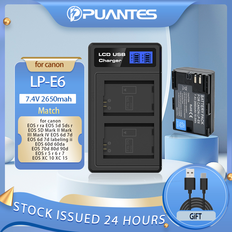 Puantes LP-E6/E6 แบตเตอรี่กล้อง + 2 ช่อง USB LCD สําหรับ EOS 5D 5DS R EOS 5D Mark II Mark III Mark I