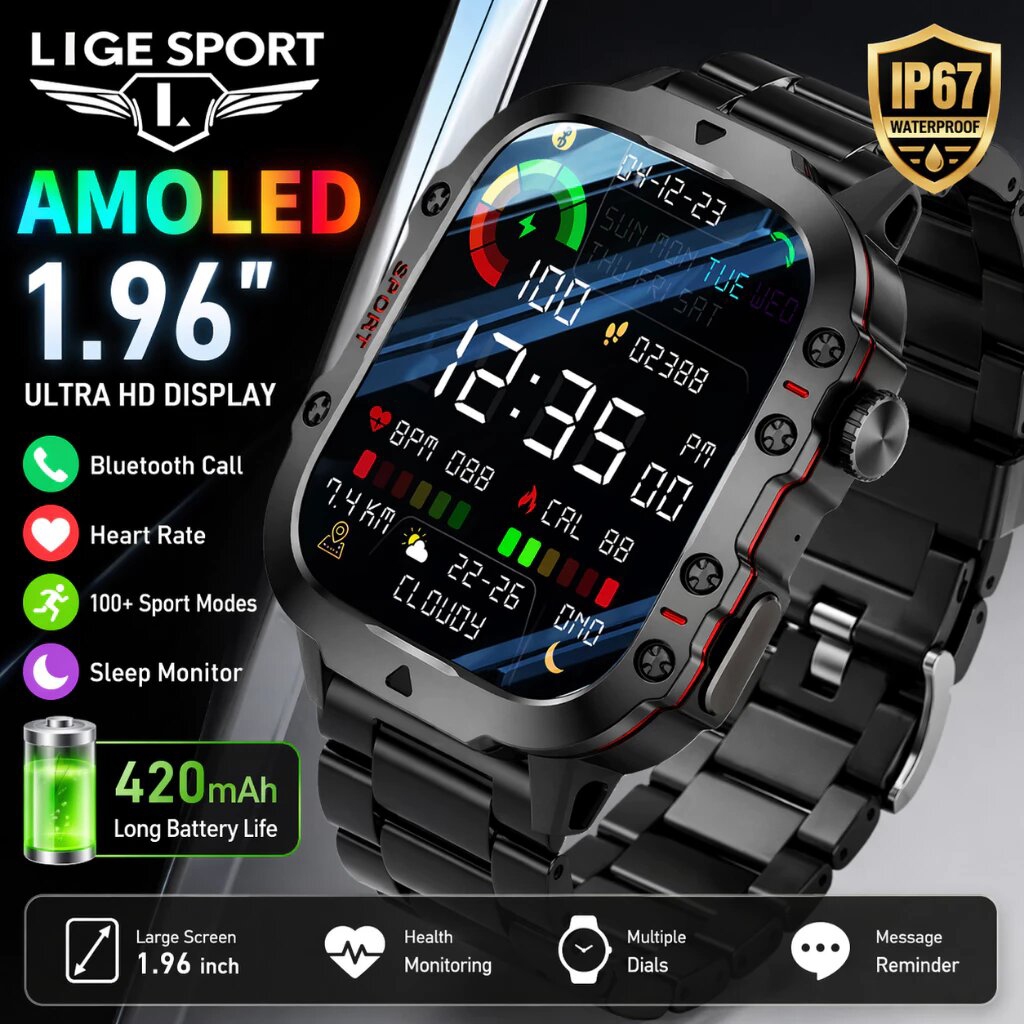 LIGE Original 3ATM กันน้ำสมาร์ทวอท์ชผู้ชายกลางแจ้ง 100 + กีฬาการตรวจจับออกซิเจนในเลือด 1.96 นิ้วหน้าจอบลูทูธโทรสมาร์ทวอทช์สำหรับ Android และ IOS