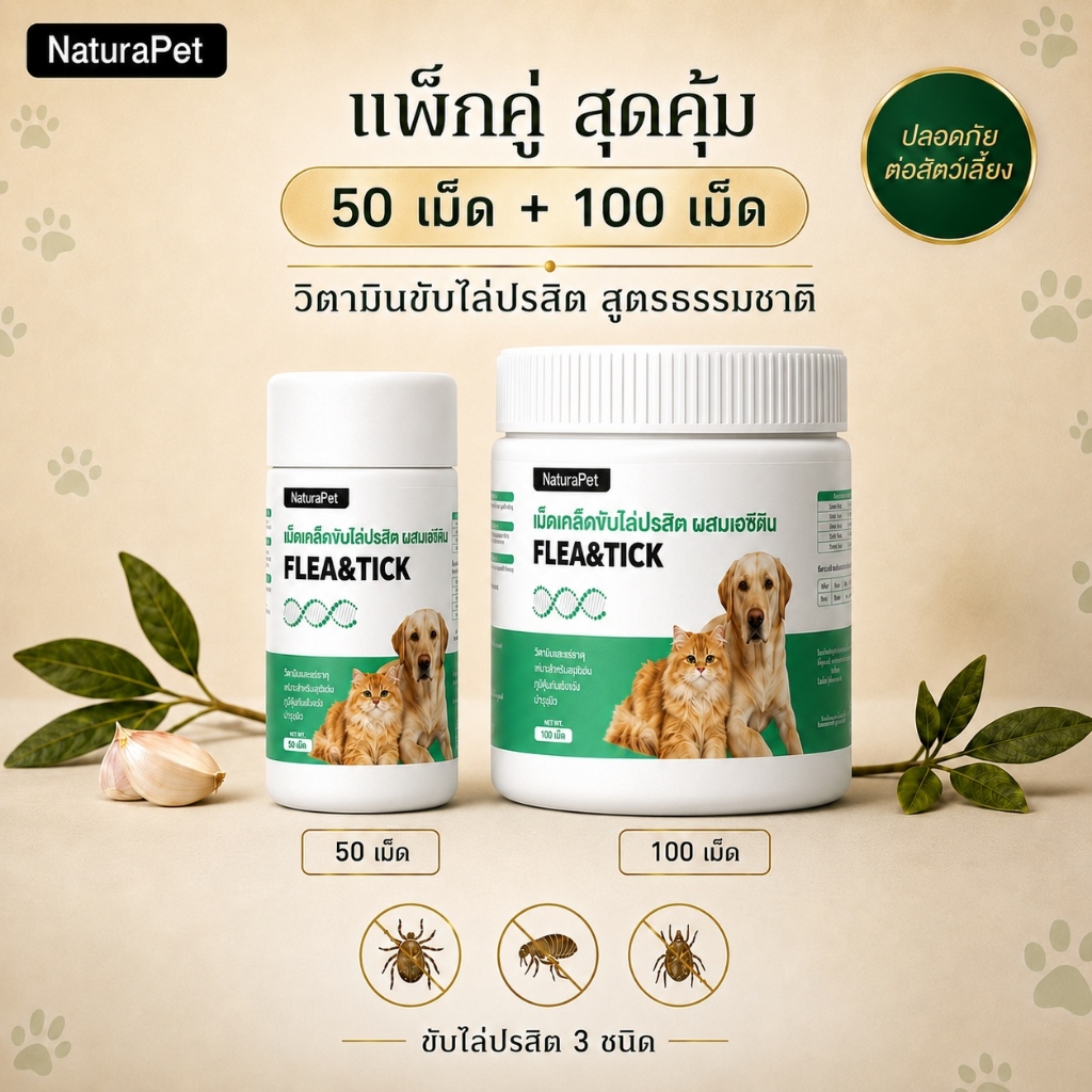 ยาไล่แมลงภายนอกและภายในสำหรับแมวและสุนัข NaturaPet ช่วยไล่เห็บ หมัด เหา และพยาธิทุกชนิด สินค้าของแท้ ป้อนง่าย ชุด 2 กระปุก 50+100 เม็ด รวม 150 เม็ด
