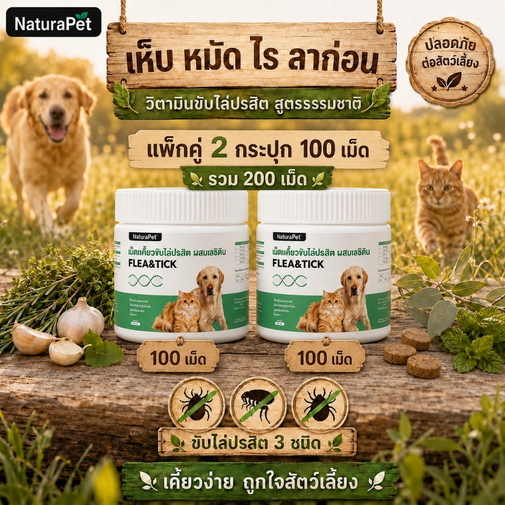 ยาไล่แมลงภายนอกและภายในสำหรับแมวและสุนัข NaturaPet ช่วยไล่เห็บ หมัด เหา และพยาธิทุกชนิด สินค้าของแท้ ป้อนง่าย 2 กระปุก กระปุกละ 100 เม็ด รวม 200 เม็ด