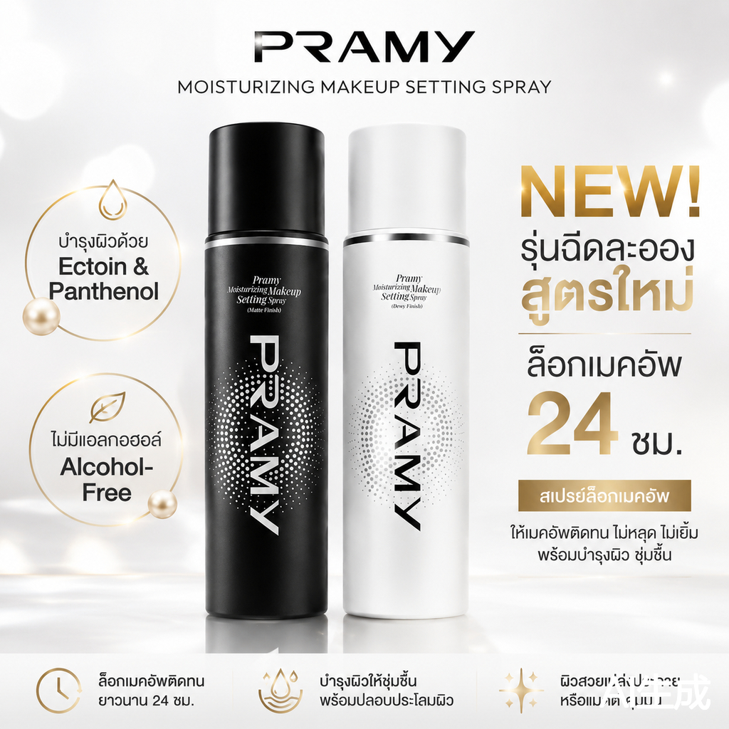 Pramy Moisturizing Makeup Setting Spray 100ML สเปรย์เซ็ตที่ล็อคเครื่องสําอางในตัว ควบคุมความเงางาม และช่วยให้สวมใส่ยาวนานถึง 12 ชั่วโมง