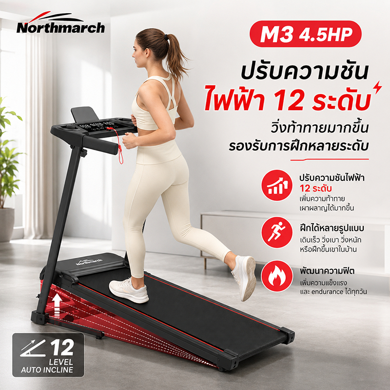 NorthMarch [COD] ลู่วิ่งไฟฟ้าขนาดเล็ก ปรับความชันได้ สายพานก
